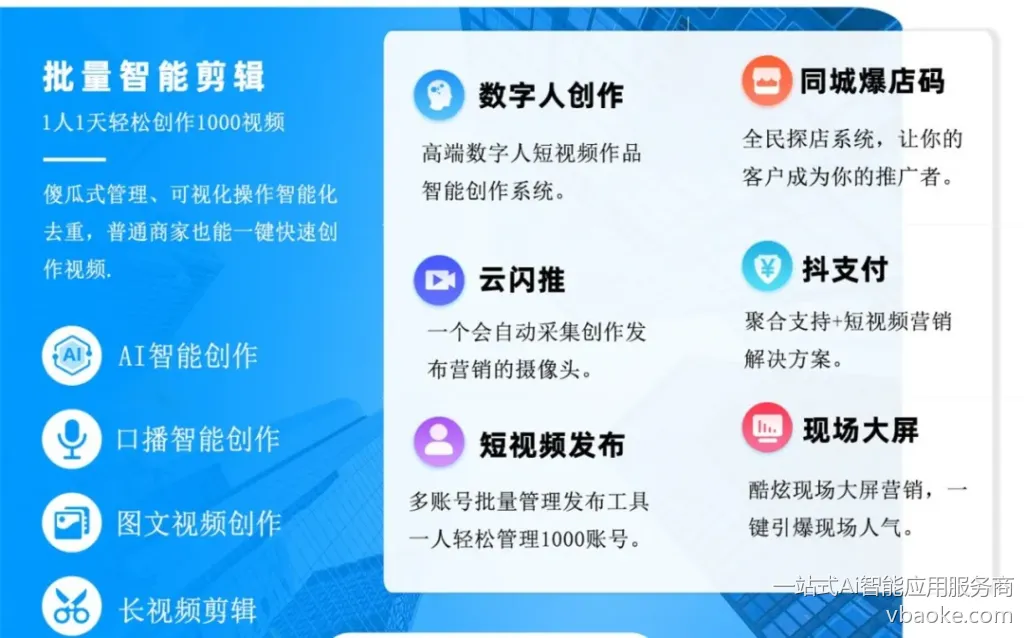 批量智能剪辑
1人1天轻松创作1000视频
傻瓜式管理、可视化操作智能化去重，普通商家也能一键快速创作视频.
AI智能创作
口播智能创作
图文视频创作
数字人创作
高端数字人短视频作品
智能创作系统。
D
云闪推
一个会自动采集创作发布营销的摄像头。
短视频发布
多账号批量管理发布工具一人轻松管理1000账号。
同城爆店码
全民探店系统，让你的客户成为你的推广者。
抖支付
聚合支持+短视频营销解决方案。
现场大屏
酷炫现场大屏营销，一
键引爆现场人气。
长视频剪辑